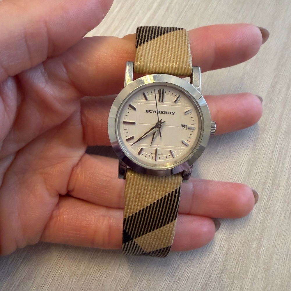 Burberry Silver Watch with Tan and Black Strap